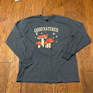 Unisex Good Natured Mushroom Shirt LARGE LS Long Sleeve Grey Hippie Gildan NWOT